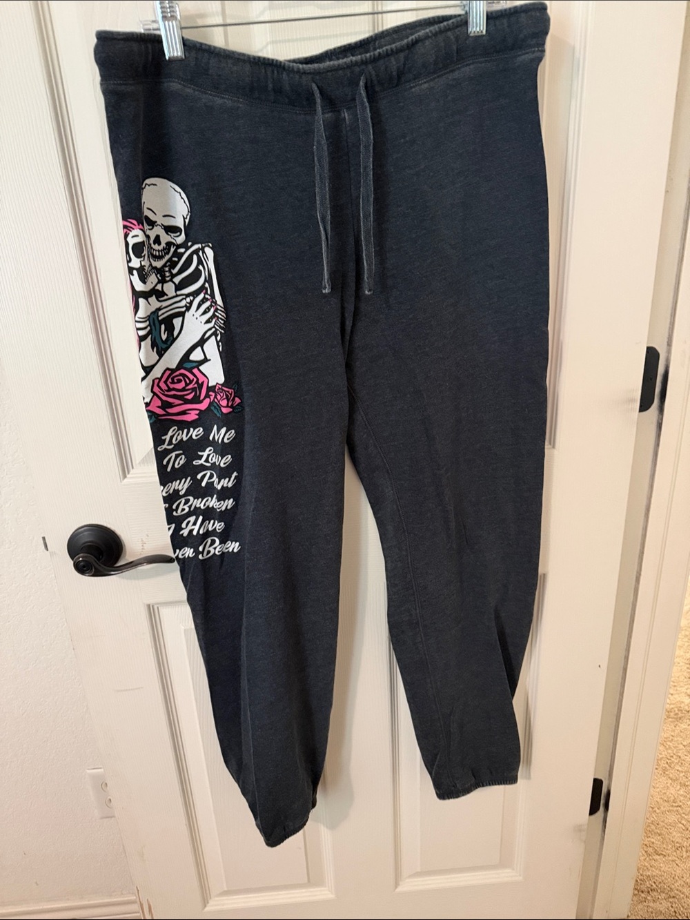 Brand new Beautiful Disaster Charcoal Graphic Joggers with Pink Rose Detail